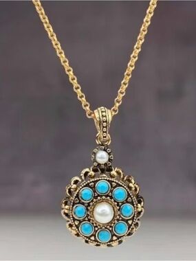 Western Bohemian Gold-Tone Turquoise & Pearl Pendant Necklace Cowgirl Style